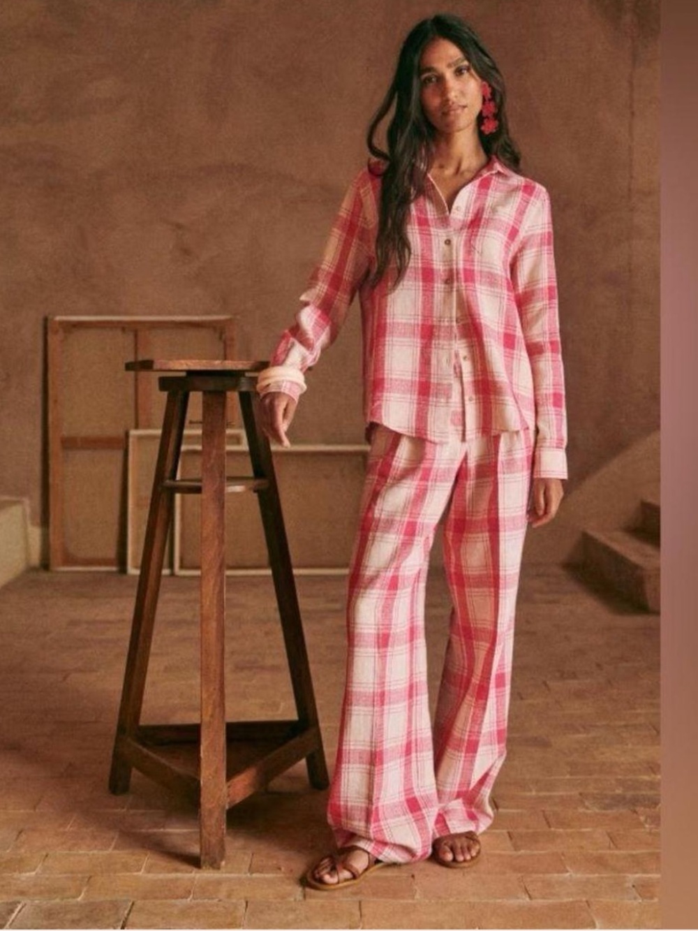 Sezane Tomboy Linen Blend Plaid Shirt and Trouser Set size 6/FR38